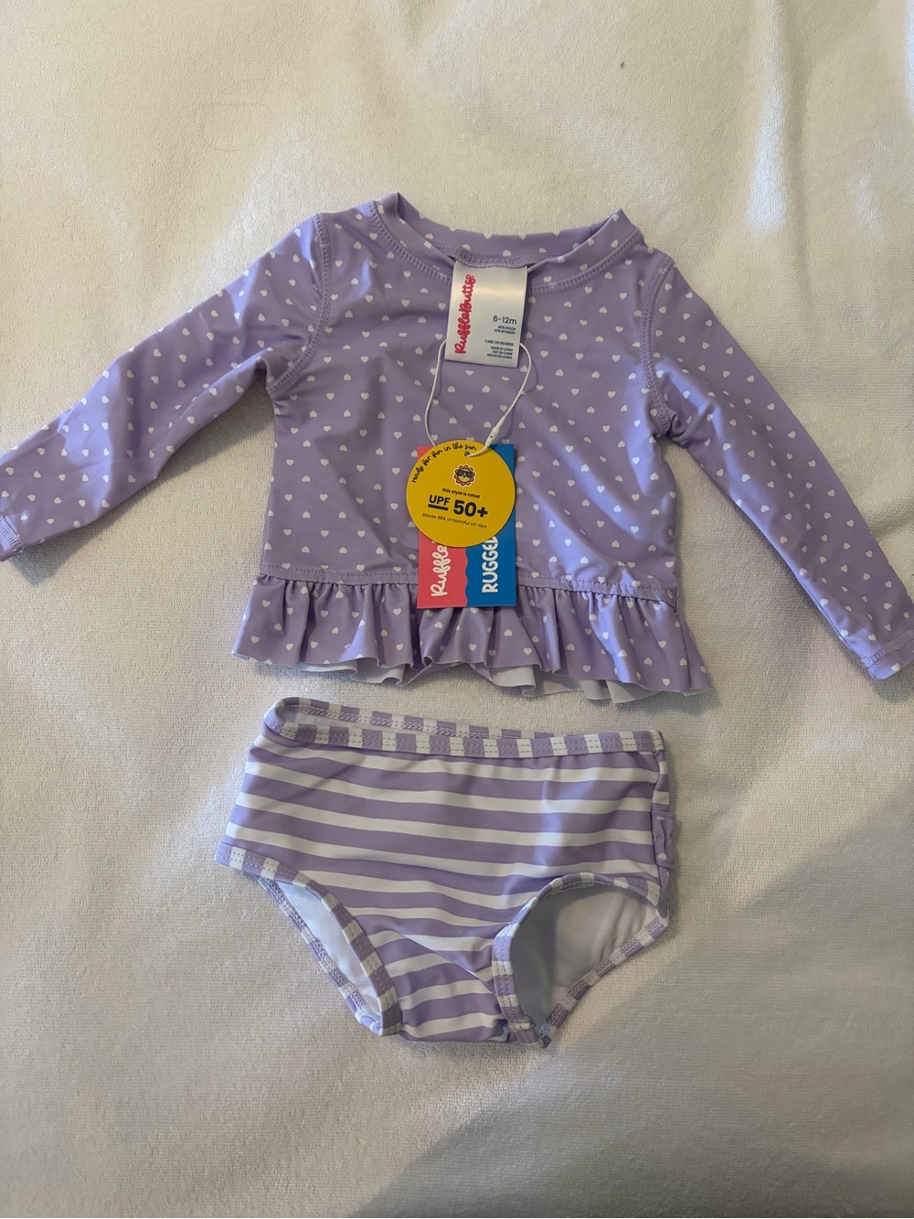 NWT Ruffle Butts Lavender Polka Dot Ruffle Rash Guard Set